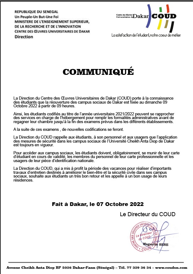 Ucad: La réouverture des campus sociaux prévue ce dimanche  9 octobre 2022