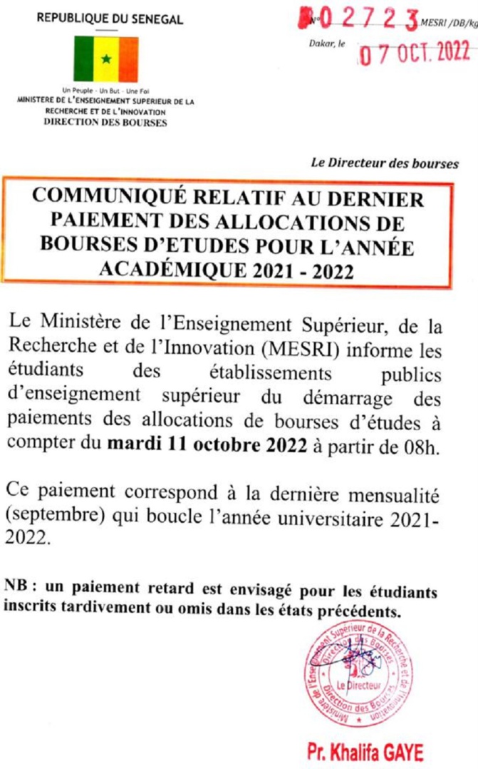 Une bonne nouvelle pour les étudiants : le paiement des allocations des bourses démarre mardi prochain