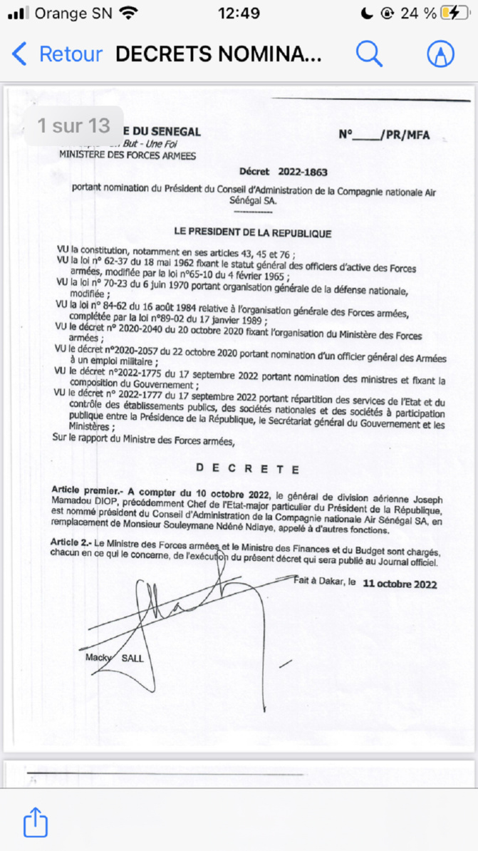 Armée Sénégalaise-Nouvelles nominations : le général Joseph Mamadou Diop devient PCA de Air Sénégal et replace Souleymane Ndéné Ndiaye