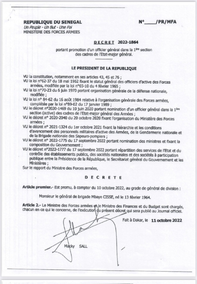 Armée Sénégalaise-Nouvelles nominations : le général de brigade Mbaye Cissé promu général de division