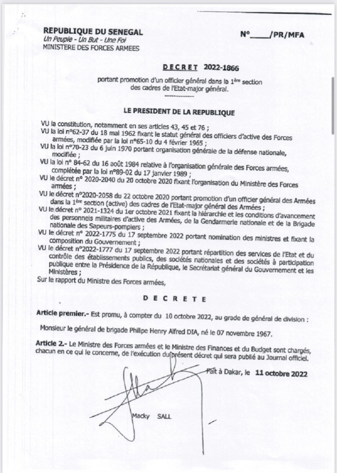 Armée Sénégalaise-Nouvelles nominations le général de brigade Philipe Henry Alfred Dia devient général de division