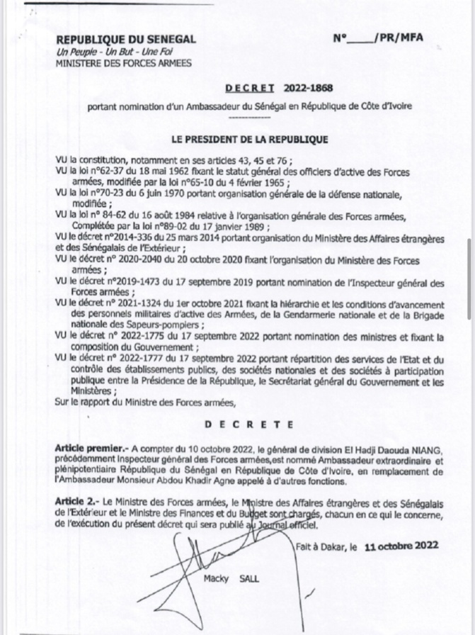 Nouvelles nominations : le  général de division, Daouda Niang nouvel ambassadeur extraordinaire et plénipotentiaire du Sénégal en Cote D’ivoire