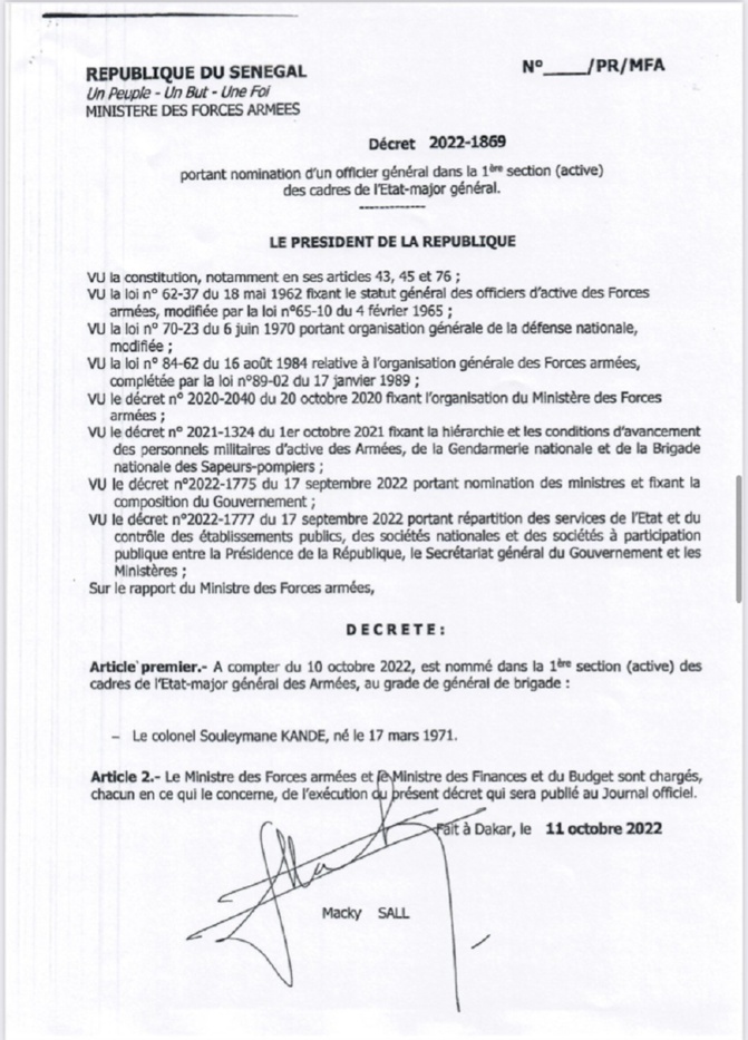 Armée Sénégalaise-Nouvelles nominations : Souleymane Kandé nommé général de brigade dans la 1ière Section des cadres