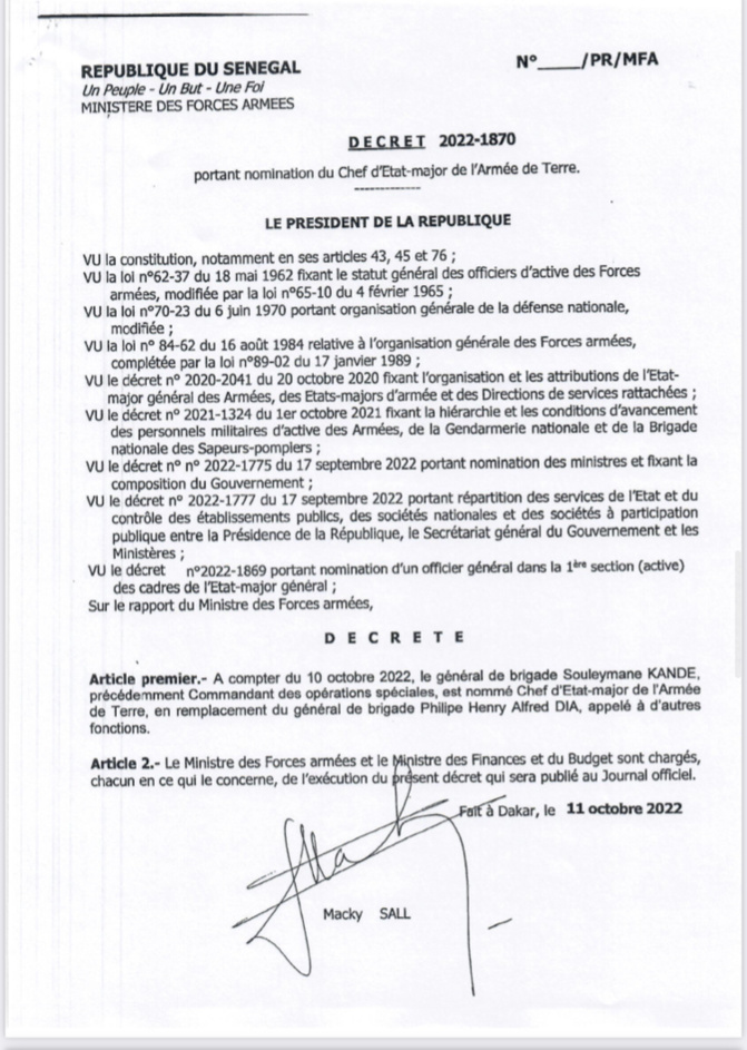 Armée sénégalaise - Nouvelles nominations : Souleymane Kandé, Général de Brigade, chef d’état-major de l’Armée de Terre