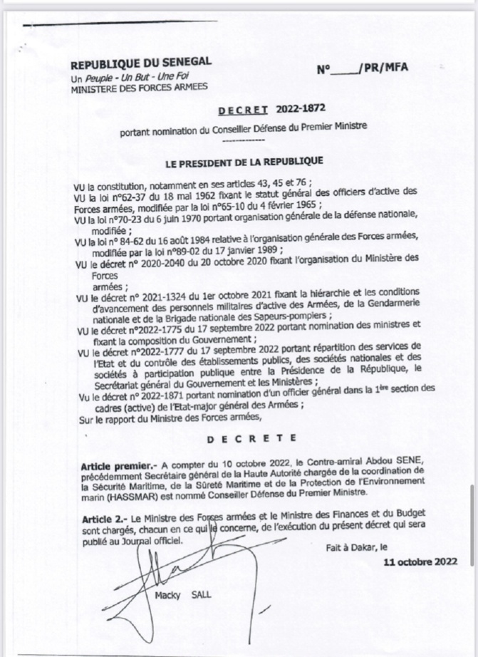 Armée sénégalaise - Nouvelles nominations : Abdou Sène, le contre-amiral, Conseiller défense du Premier ministre