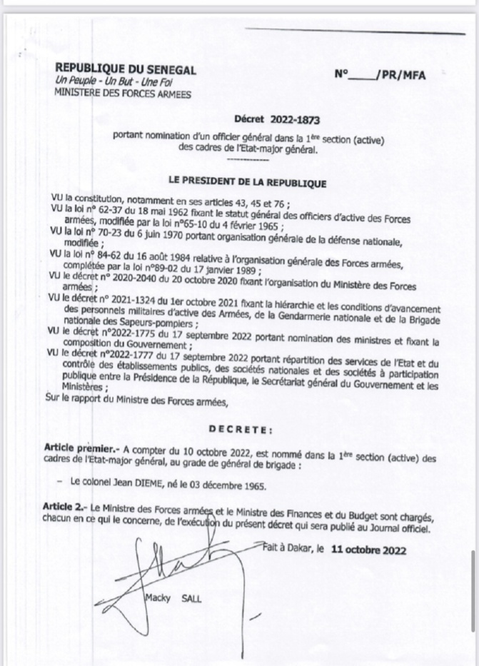 Armée Sénégalaise-Nouvelles nominations : le colonel Jean Diemé promu général de Brigade