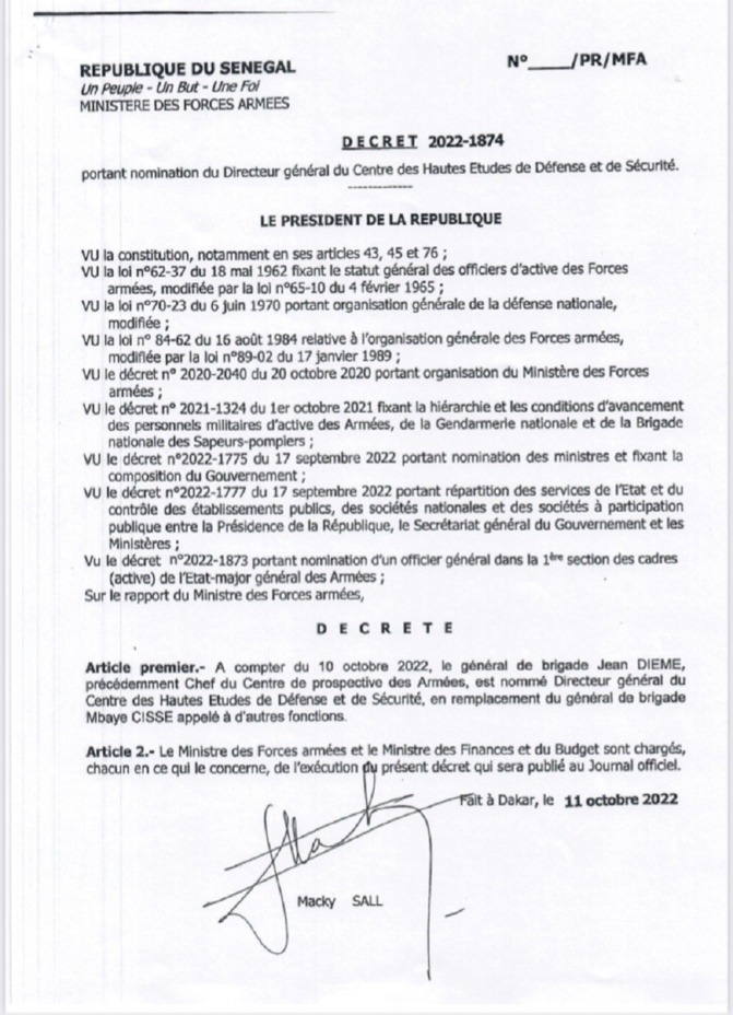 Armée sénégalaise - Nouvelles nominations : Jean Diemé promu général de Brigade, DG du Centre des Hautes Etudes de Défense et de Sécurité