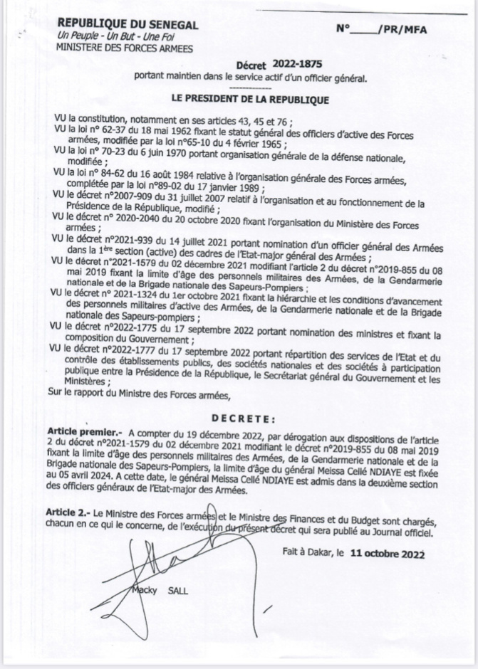 Armée sénégalaise - Age limite des personnels : Ce que dit le Décret présidentiel sur celui du général Meissa Cellé Ndiaye