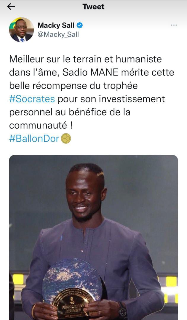 Ballon d'Or: L'émouvant hommage de Macky Sall sur Sadio Mané qu'il qualifie de...