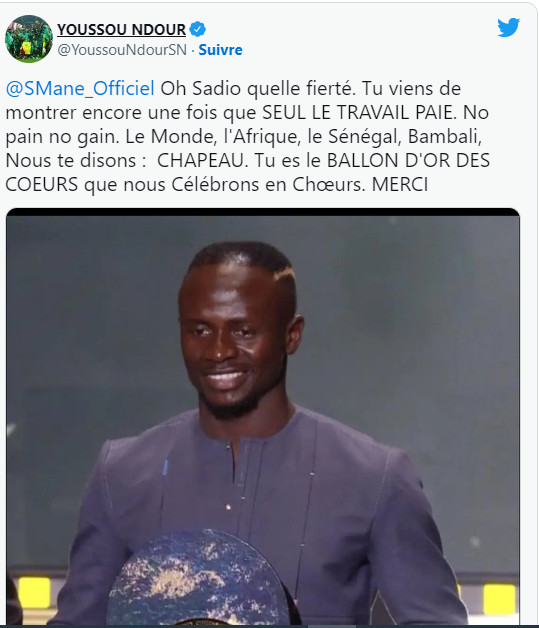 L'hommage de Youssou Ndour à Sadio Mané: "Tu es le Ballon d'Or des cœurs..." L'hommage de Youssou Ndour à Sadio Mané: "Tu es le Ballon d'Or des cœurs..."