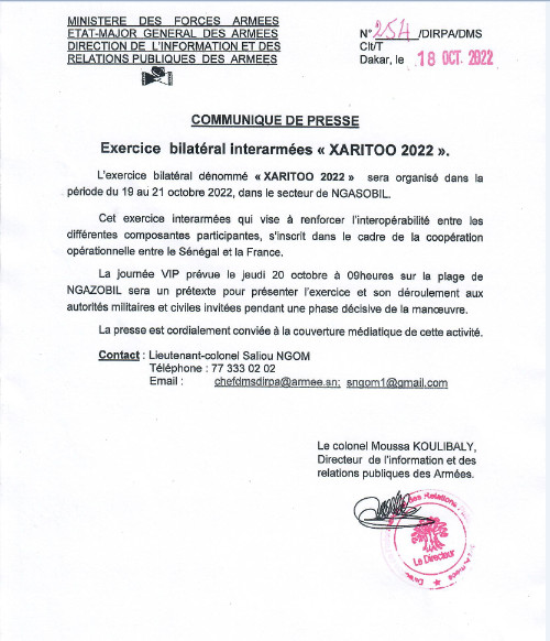 Ngasobil: L’armée sénégalaise tiendra du 19 au 21 octobre un exercice bilatéral « Xaritoo 2022 » Ngasobil: L’armée sénégalaise tiendra du 19 au 21 octobre un exercice bilatéral « Xaritoo 2022 »
