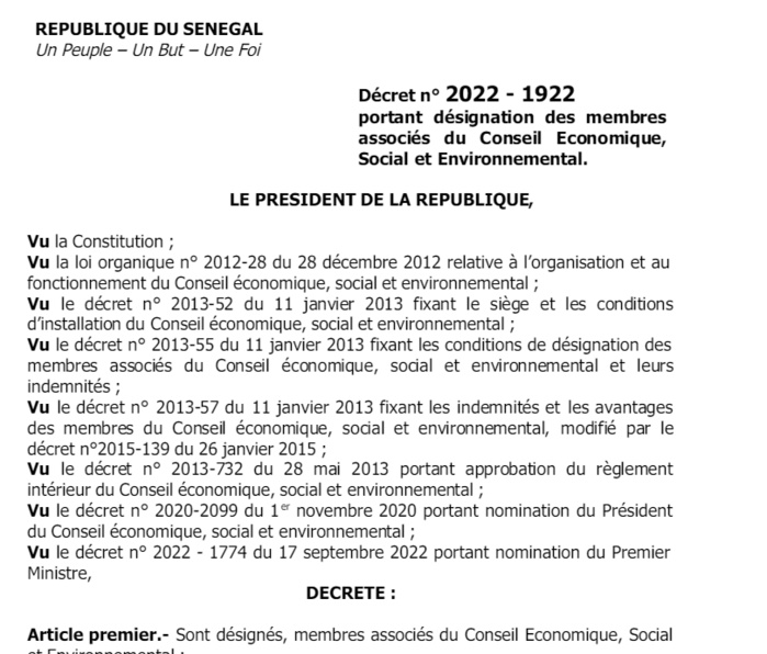 Cese : Quarante-cinq conseillers nommés par le Président Macky Sall