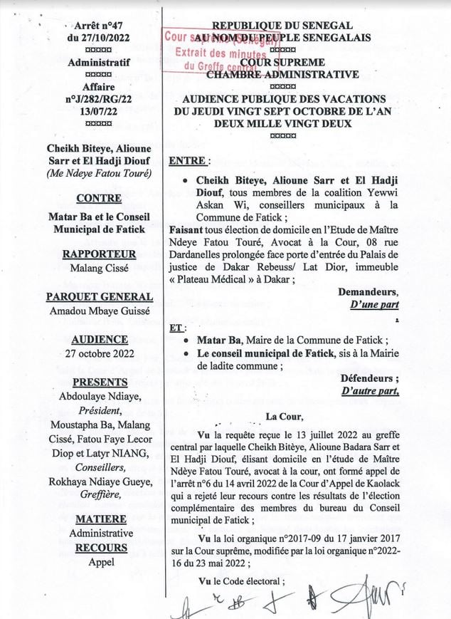 Fatick / Recours de Yaw : Le bureau du Conseil municipal invalidé Fatick / Recours de Yaw : Le bureau du Conseil municipal invalidé