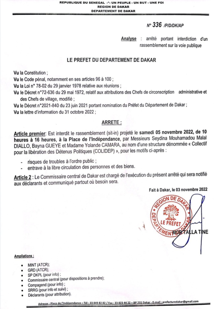 Marche pour la libération des "détenus politiques" ce samedi : Le Préfet de Dakar dit niet, pour "troubles à l'ordre public"