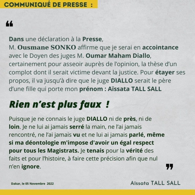 Supposé lien de parenté avec le juge Oumar Maham Diallo : Aïssata Tall Sall dément Ousmane Sonko