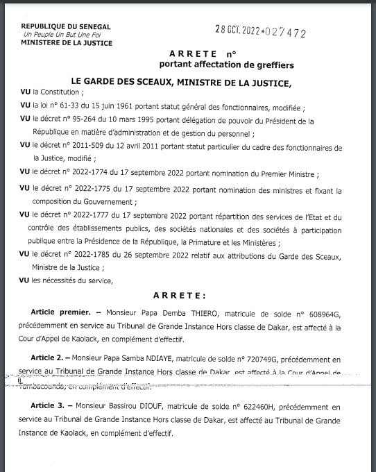 Affaire Adji Sarr - Ousmane Sonko : Pourquoi le greffier du Doyen des juges, a été affecté à Kaolack (Document)
