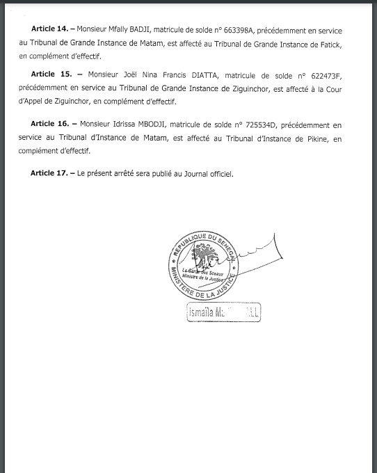 Affaire Adji Sarr - Ousmane Sonko : Pourquoi le greffier du Doyen des juges, a été affecté à Kaolack (Document)