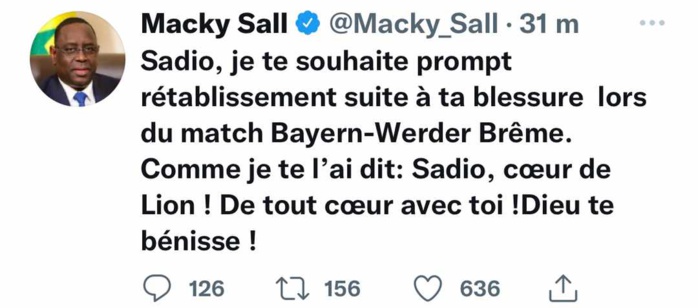 Forfait pour le Mondial: Macky Sall souhaite prompt rétablissement à Sadio Mané