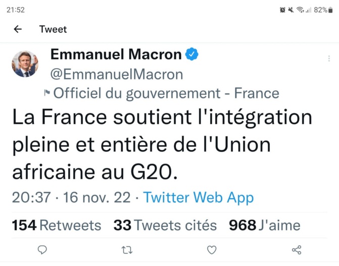 "La France soutient l'intégration pleine et entière de l'Union africaine au G20" (Emmanuel Macron)