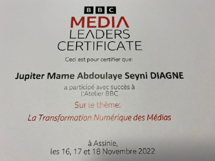 Formation à Média Leaders : Le succès de la participation de Jupiter Abdoulaye Seyni Diagne, attesté
