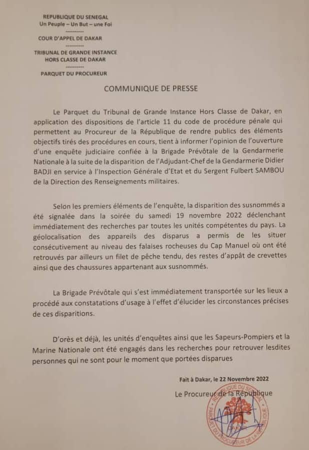 Disparition mystérieuse d'un gendarme et d'un agent des Renseignements militaires (Document et photo) Disparition mystérieuse d'un gendarme et d'un agent des Renseignements militaires (Document et photo)