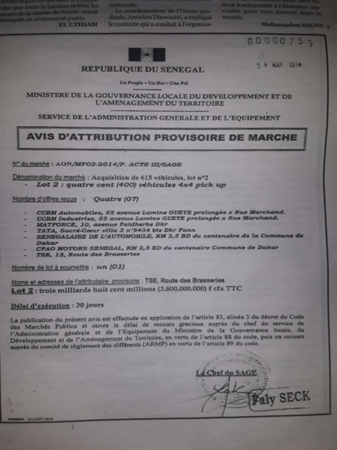 TSE de Cheikh Amar gagne la confiance de l'ARMP sur un marché de 400 véhicules de 3,8 milliards 
