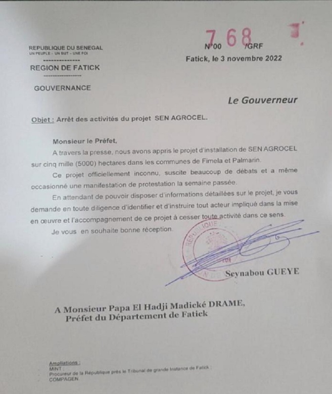 Projet d'installation de Sen Agrocel à Fimela et Palmarin : Le gouverneur  de Fatick demande l’arrêt des activités du projet
