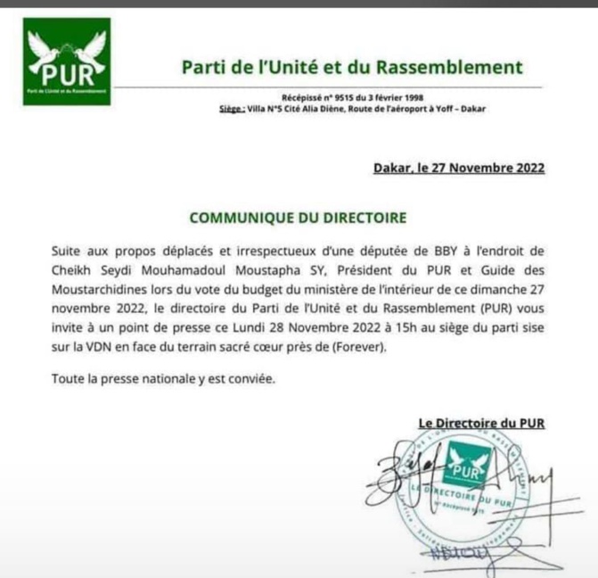 Propos "déplacés et irrespectueux" d'une députée de BBY à l'endroit de Serigne Moustapha Sy: Le PUR va contre-attaquer à 15h Propos "déplacés et irrespectueux" d'une députée de BBY à l'endroit de Serigne Moustapha Sy: Le PUR va contre-attaquer à 15h