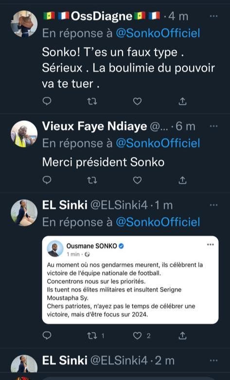 Tweet controversé: Ousmane Sonko s'indigne de la célébration de la victoire des Lions avant de les...féliciter Tweet controversé: Ousmane Sonko s'indigne de la célébration de la victoire des Lions avant de les...féliciter