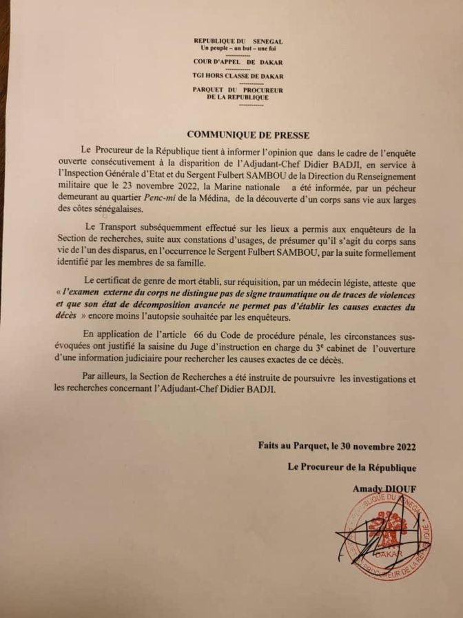 Mort du sergent Fulbert Sambou: Les précisions du Procureur de la République (Document)