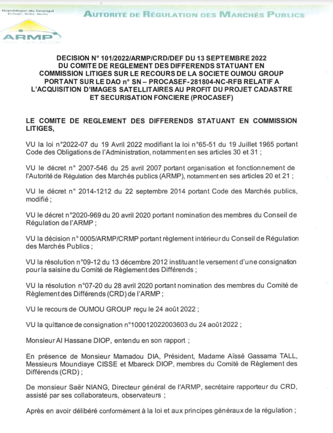 PROCASEF / Marché pour l'acquisition d'images satellitaires : L'ARMP rejette le recours de Oumou Group (Document)
