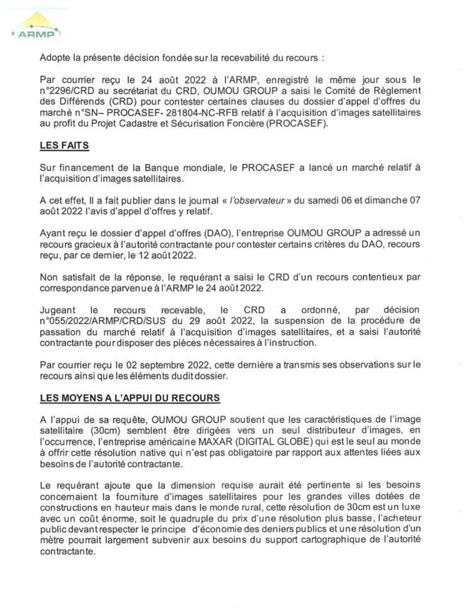 PROCASEF/ Marché pour l'acquisition d'images satellitaires: L'ARMP rejette le recours de Oumou Group (Document) PROCASEF/ Marché pour l'acquisition d'images satellitaires: L'ARMP rejette le recours de Oumou Group (Document)