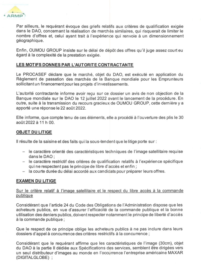 PROCASEF/ Marché pour l'acquisition d'images satellitaires: L'ARMP rejette le recours de Oumou Group (Document) PROCASEF/ Marché pour l'acquisition d'images satellitaires: L'ARMP rejette le recours de Oumou Group (Document)