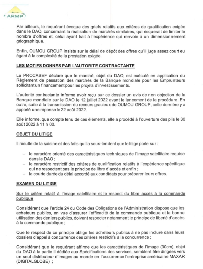 PROCASEF/ Marché pour l'acquisition d'images satellitaires: L'ARMP rejette le recours de Oumou Group (Document)