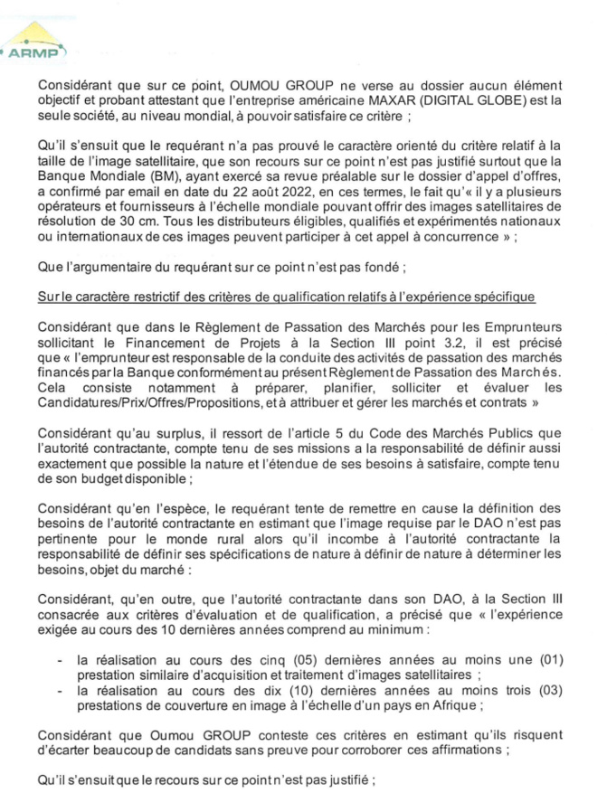 PROCASEF/ Marché pour l'acquisition d'images satellitaires: L'ARMP rejette le recours de Oumou Group (Document) PROCASEF/ Marché pour l'acquisition d'images satellitaires: L'ARMP rejette le recours de Oumou Group (Document)