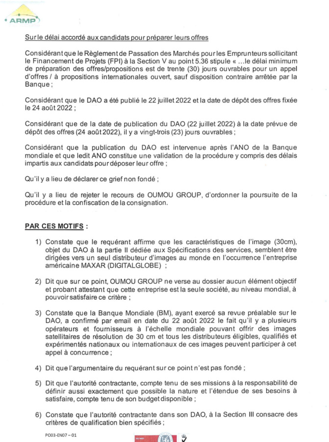PROCASEF/ Marché pour l'acquisition d'images satellitaires: L'ARMP rejette le recours de Oumou Group (Document) PROCASEF/ Marché pour l'acquisition d'images satellitaires: L'ARMP rejette le recours de Oumou Group (Document)
