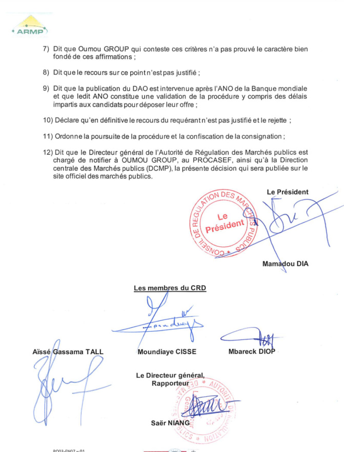 PROCASEF/ Marché pour l'acquisition d'images satellitaires: L'ARMP rejette le recours de Oumou Group (Document) PROCASEF/ Marché pour l'acquisition d'images satellitaires: L'ARMP rejette le recours de Oumou Group (Document)