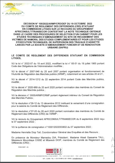 ARMP / Le Groupement Africonsult/Transecor conteste le rejet de son offre dans les marchés de prestations intellectuelles lancée par la société Safru Sa. (Document)