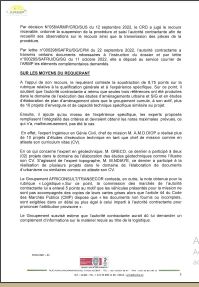 ARMP / Le Groupement Africonsult/Transecor conteste le rejet de son offre dans les marchés de prestations intellectuelles lancée par la société Safru Sa. (Document)