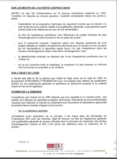 ARMP / Le Groupement Africonsult/Transecor conteste le rejet de son offre dans les marchés de prestations intellectuelles lancée par la société Safru Sa. (Document)