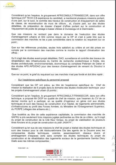 ARMP / Le Groupement Africonsult/Transecor conteste le rejet de son offre dans les marchés de prestations intellectuelles lancée par la société Safru Sa. (Document)