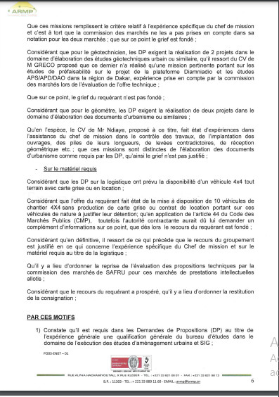 ARMP / Le Groupement Africonsult/Transecor conteste le rejet de son offre dans les marchés de prestations intellectuelles lancée par la société Safru Sa. (Document)