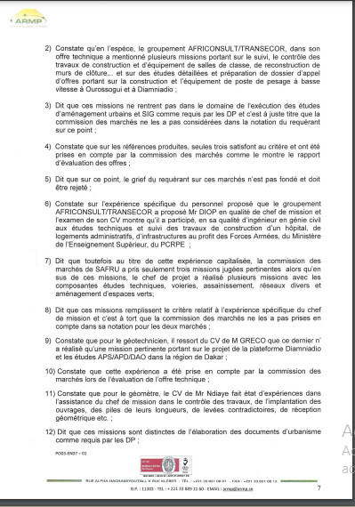 ARMP / Le Groupement Africonsult/Transecor conteste le rejet de son offre dans les marchés de prestations intellectuelles lancée par la société Safru Sa. (Document)