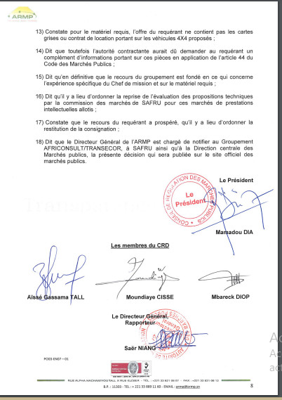 ARMP / Le Groupement Africonsult/Transecor conteste le rejet de son offre dans les marchés de prestations intellectuelles lancée par la société Safru Sa. (Document)
