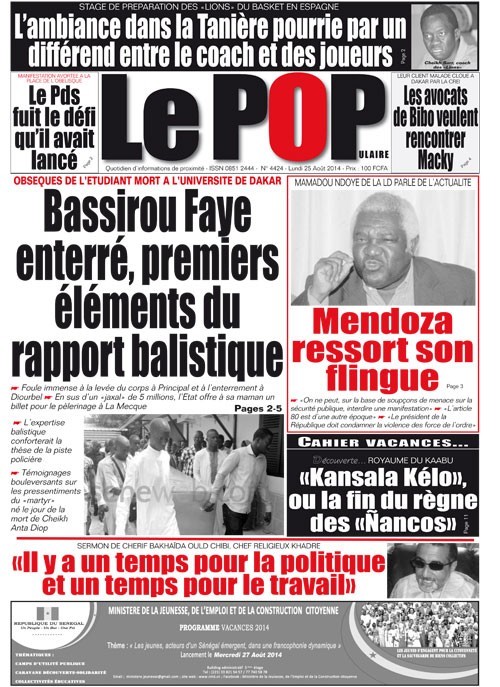 A la Une du Journal Le Populaire du mardi 26 aout 2014