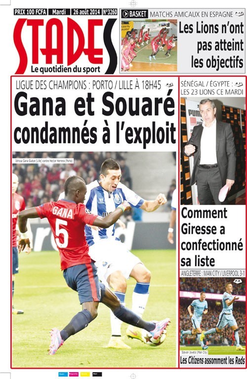 A la Une du Journal Stades du mardi 26 aout 2014