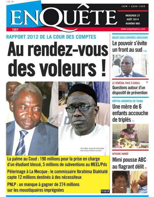A la Une du Journal EnQuête du mercredi 27 aout 2014