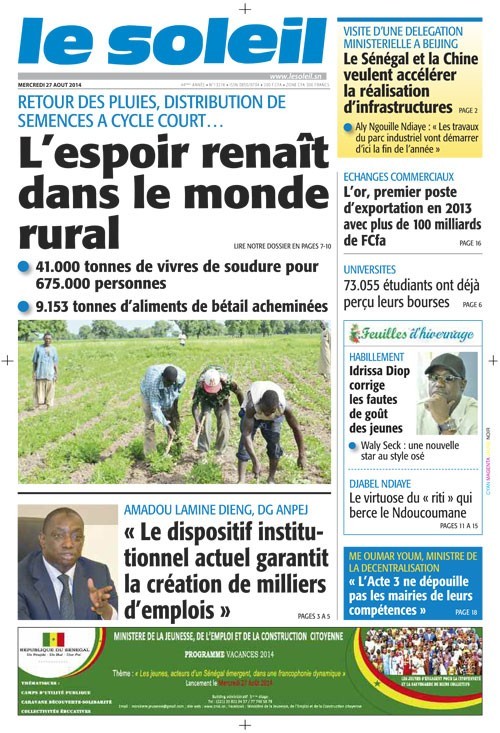 A la Une du Journal Le Soleil du mercredi 27 aout 2014