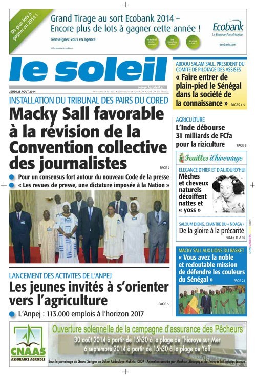 A la Une du Journal Le Soleil du jeudi 28 août 2014