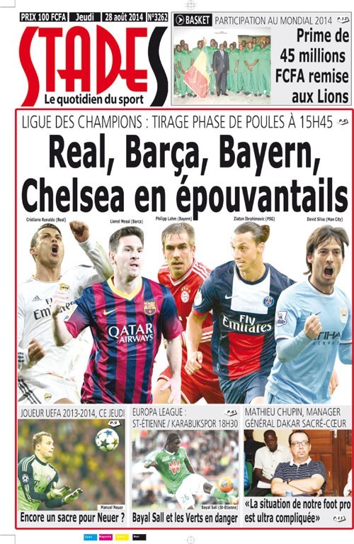 A la Une du Journal Stades du jeudi 28 août 2014